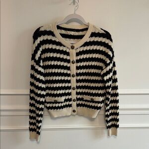Striped Black and Cream Button-Front Women's Cardigan Sweater